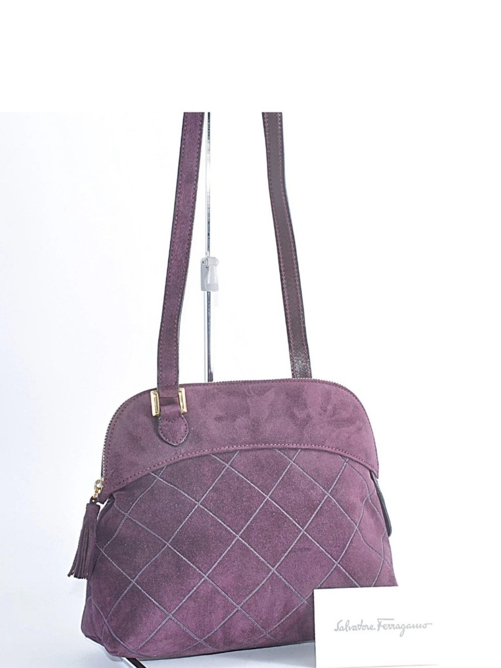 Salvatore Ferragamo Rare Burgundy Plum Diamond Quilted Suede Purse with Tassel